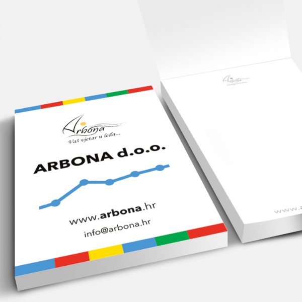 Arbona, A5, 50 lista, tisak listova 2/0, tisak omota 4/0, omatanje, otvaranje gore-dolje Arbona, A5, 50 lista, tisak listova 2/0, tisak omota 4/0, omatanje, otvaranje gore-dolje