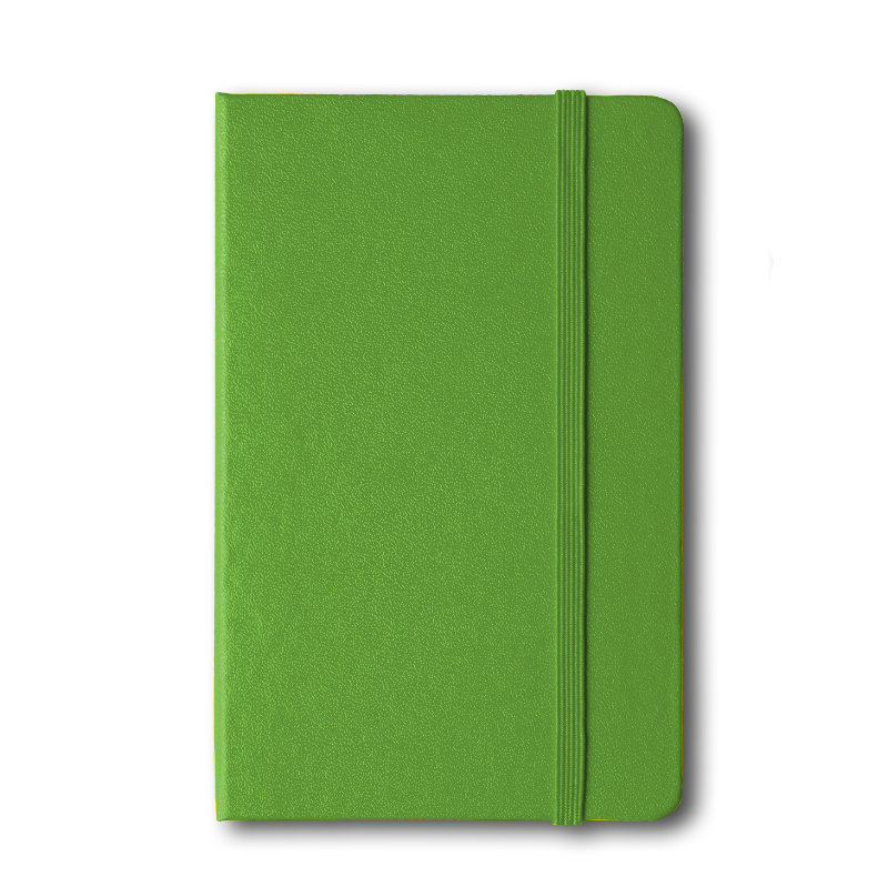 Lime green closed and open notebooks isolated on white