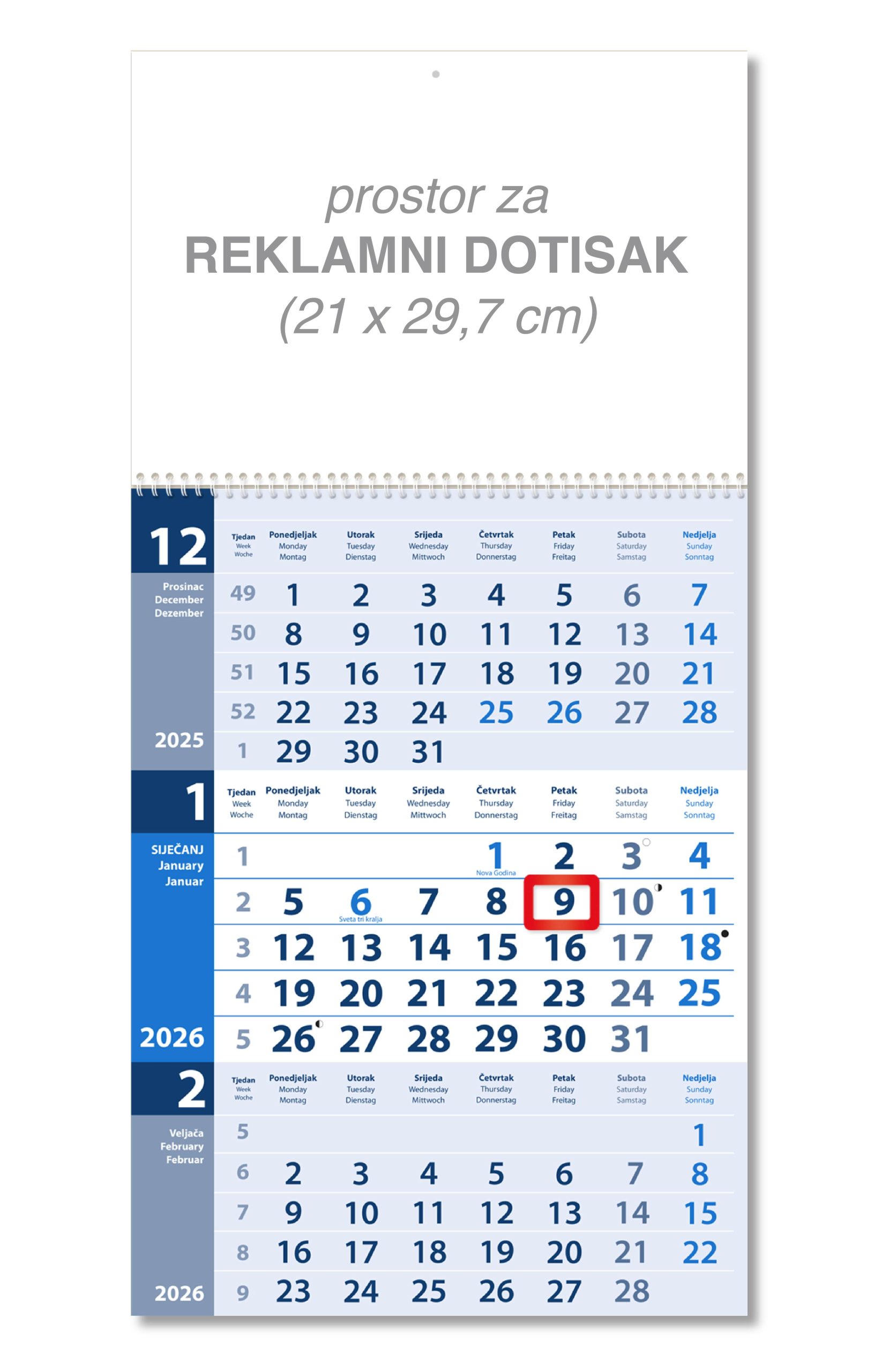 Plavi trodjelni kalendar spirala
