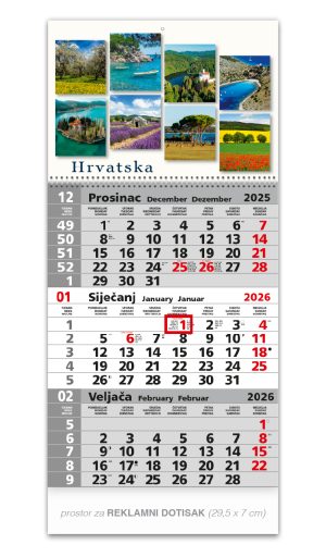 Trodjelni sivi kalendar sa slikom